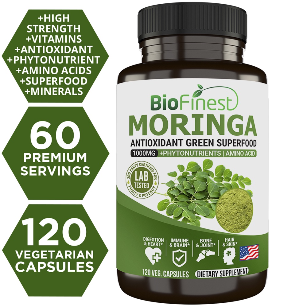Biofinest Moringa Leaf 1000mg Supplement - Antioxidant Superfood Powder- Energy Skin Blood Sugar Immune (120 capsules)