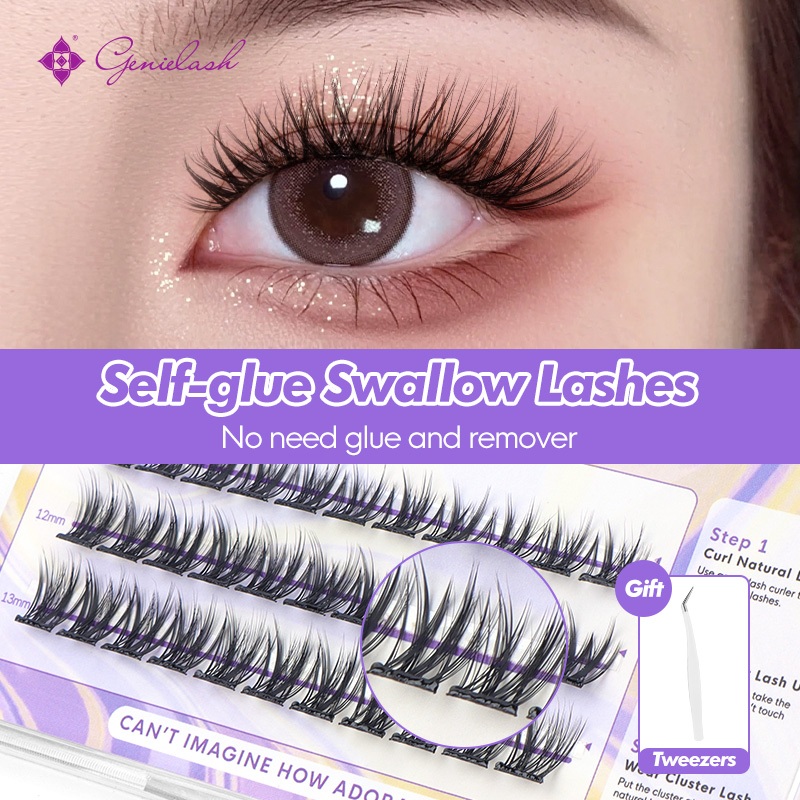 【Free tweezer】GENIELASH Glue-free Swallow Eyelash for Beginner Self Adhesive Eyelashes Natural False Eyelashes No Need Glue