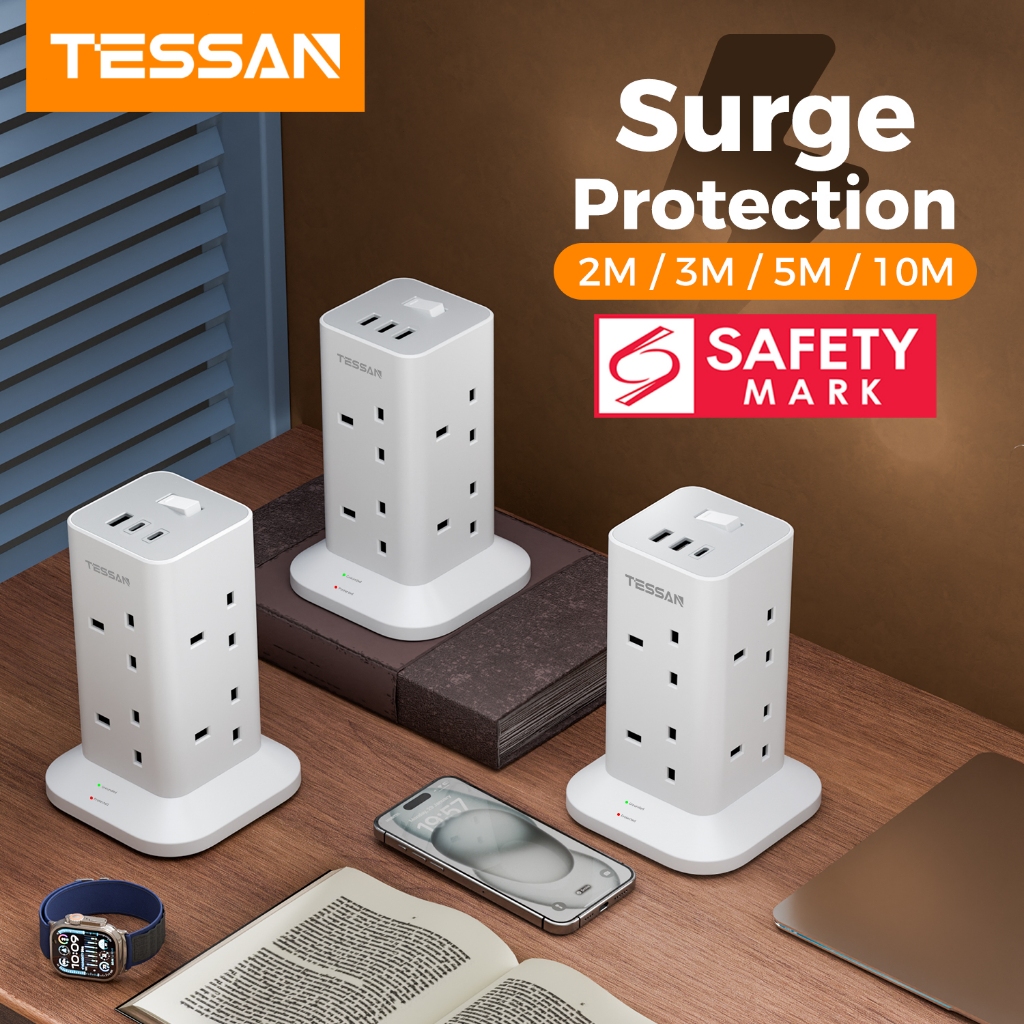 TESSAN Multi Plug Tower Extension Socket with USB+Type C,Surge Protector Power Socket Safety Mark